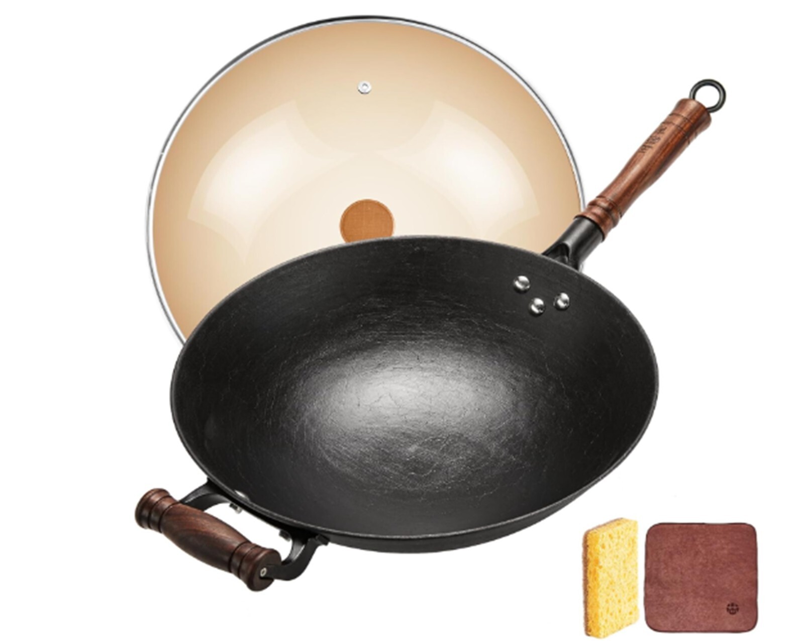 WANGYUANJI 12.6-Inch Cast Iron Chinese Wok with Round Bottom & Glass Lid – Tradi