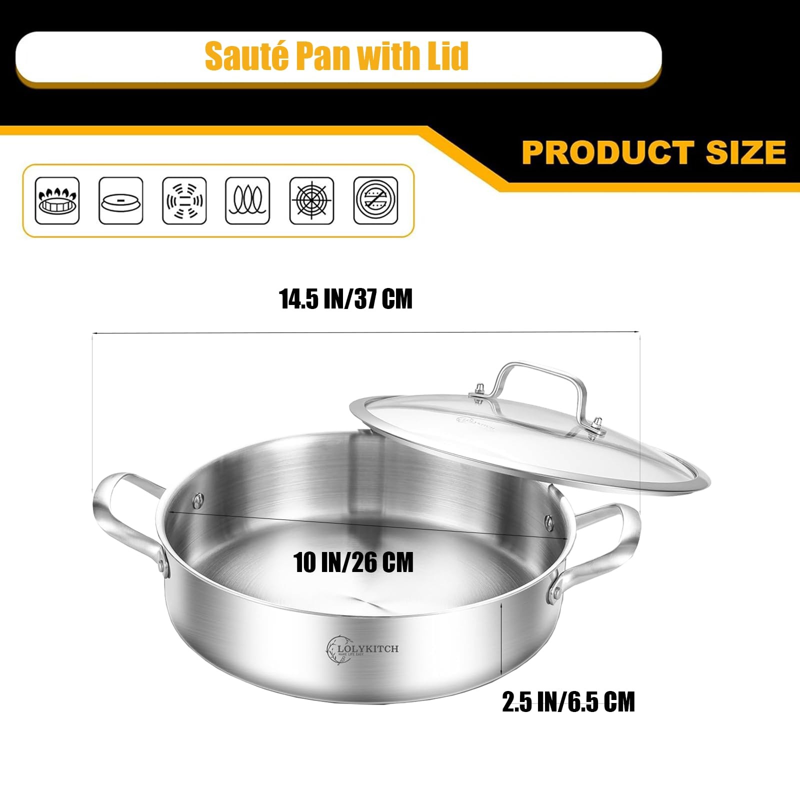 LOLYKITCH 3 Quarts Tri-Ply Stainless Steel Sauté Pan wih Lid,10 Inch Induction C
