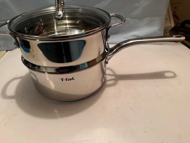 NEW T-FAL TRI PLY STAINLESS STEEL 3.2 QT SAUCEPAN W/ STEAMER & LID GAS/ELECT +