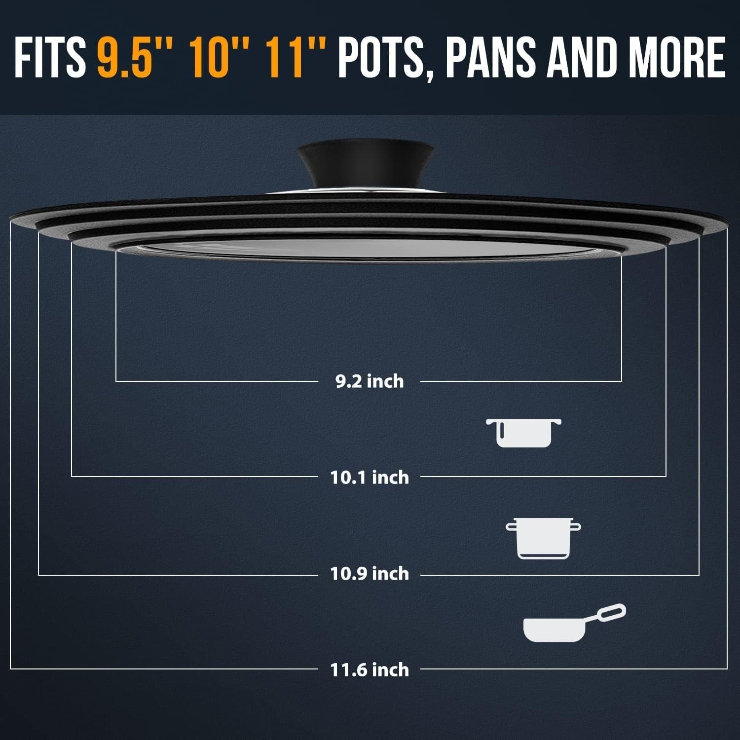 Universal Glass Pot Lid with Silicone Rim Fits 9.5, 10, 11 Inch Cookware