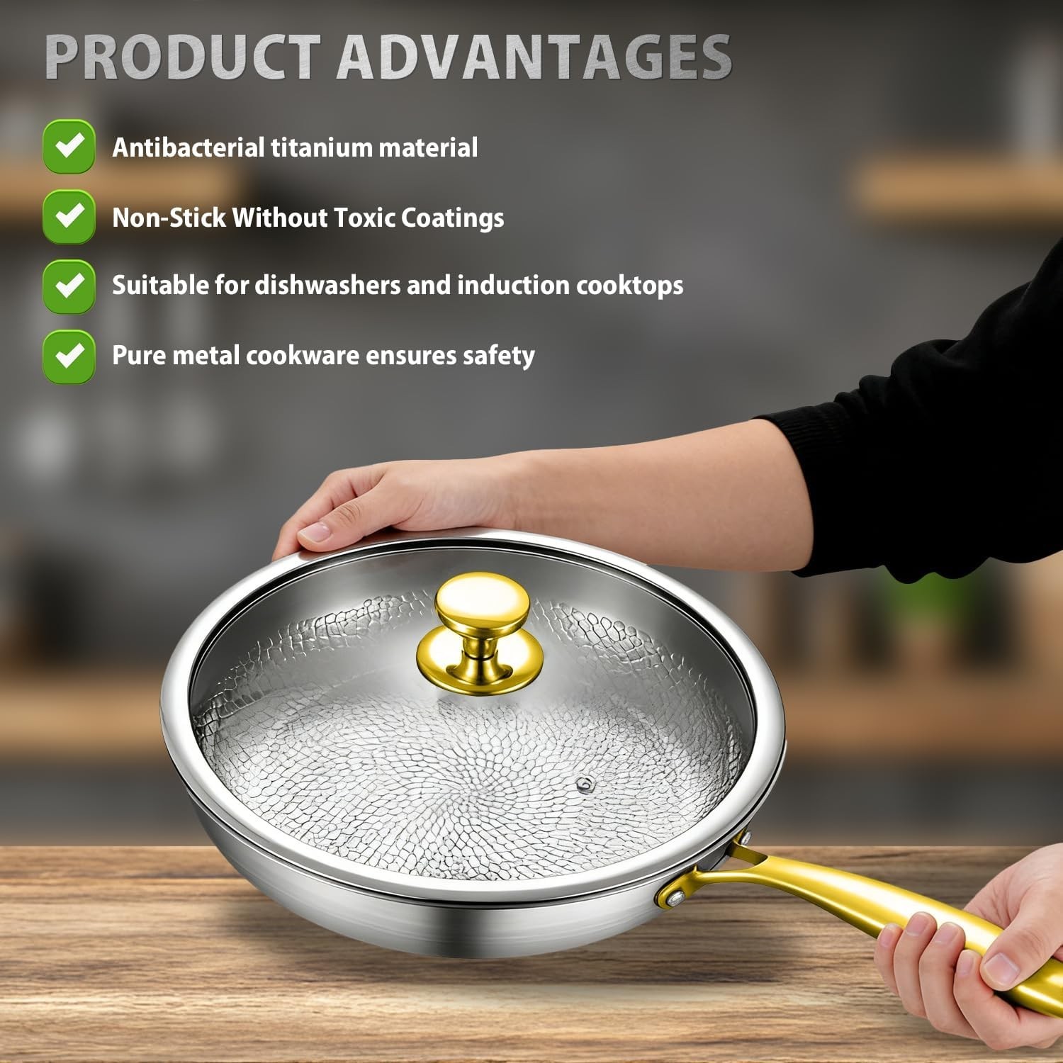 Pure Titanium Hammered Frying Pan with Lid, 12 Inch Skillet, No Coating