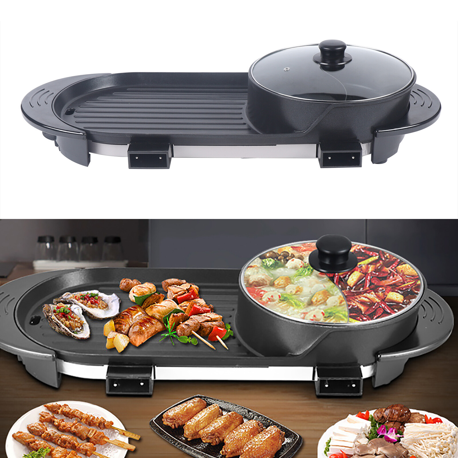 2 In 1 Hot Pot Barbecue Grill Portable Electric Non-stick Teppanyaki Pan Soup