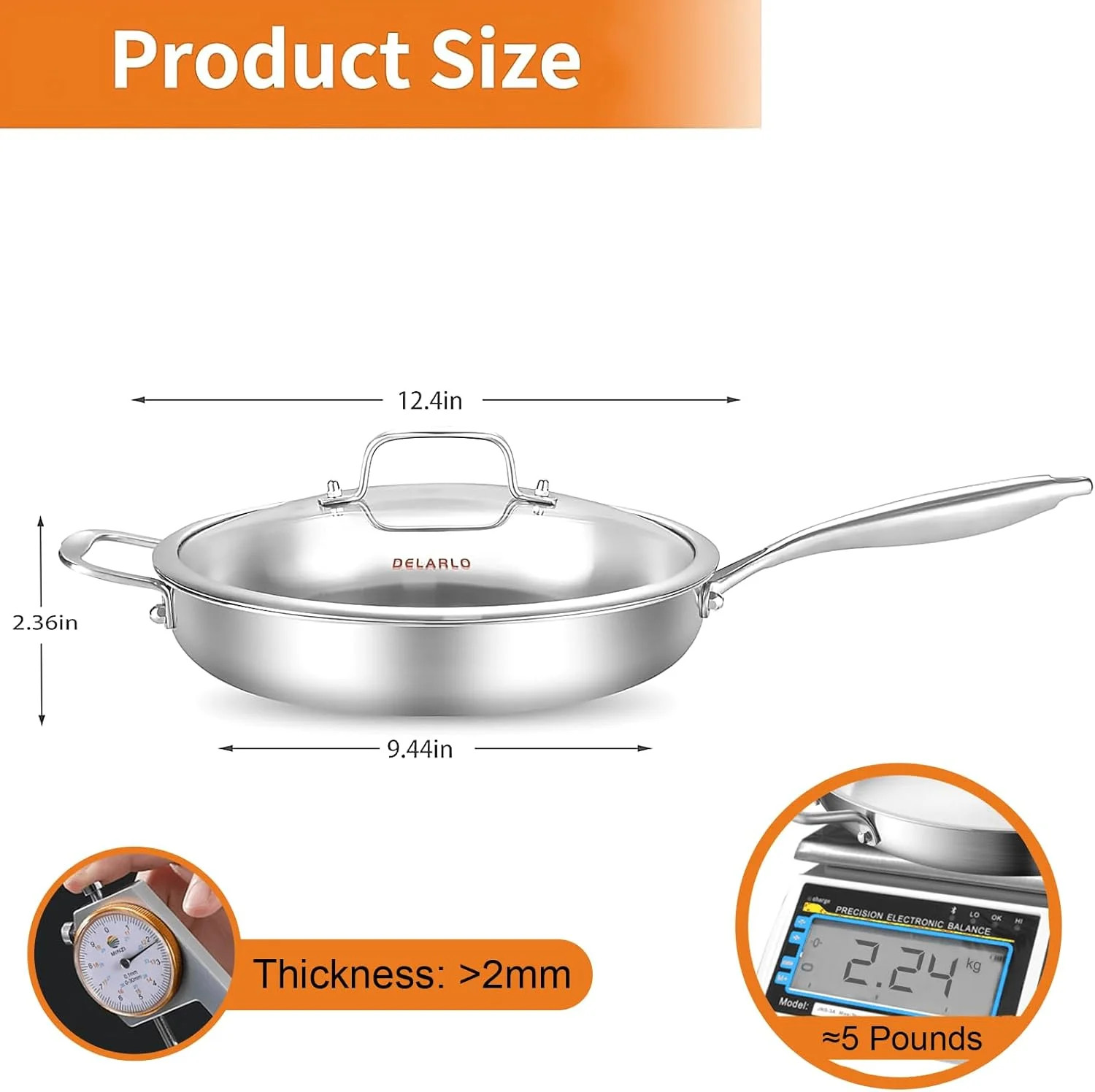 DELARLO Tri-Ply Stainless Steel Pan with Lid 12inch丨Compatible with All Cooktops