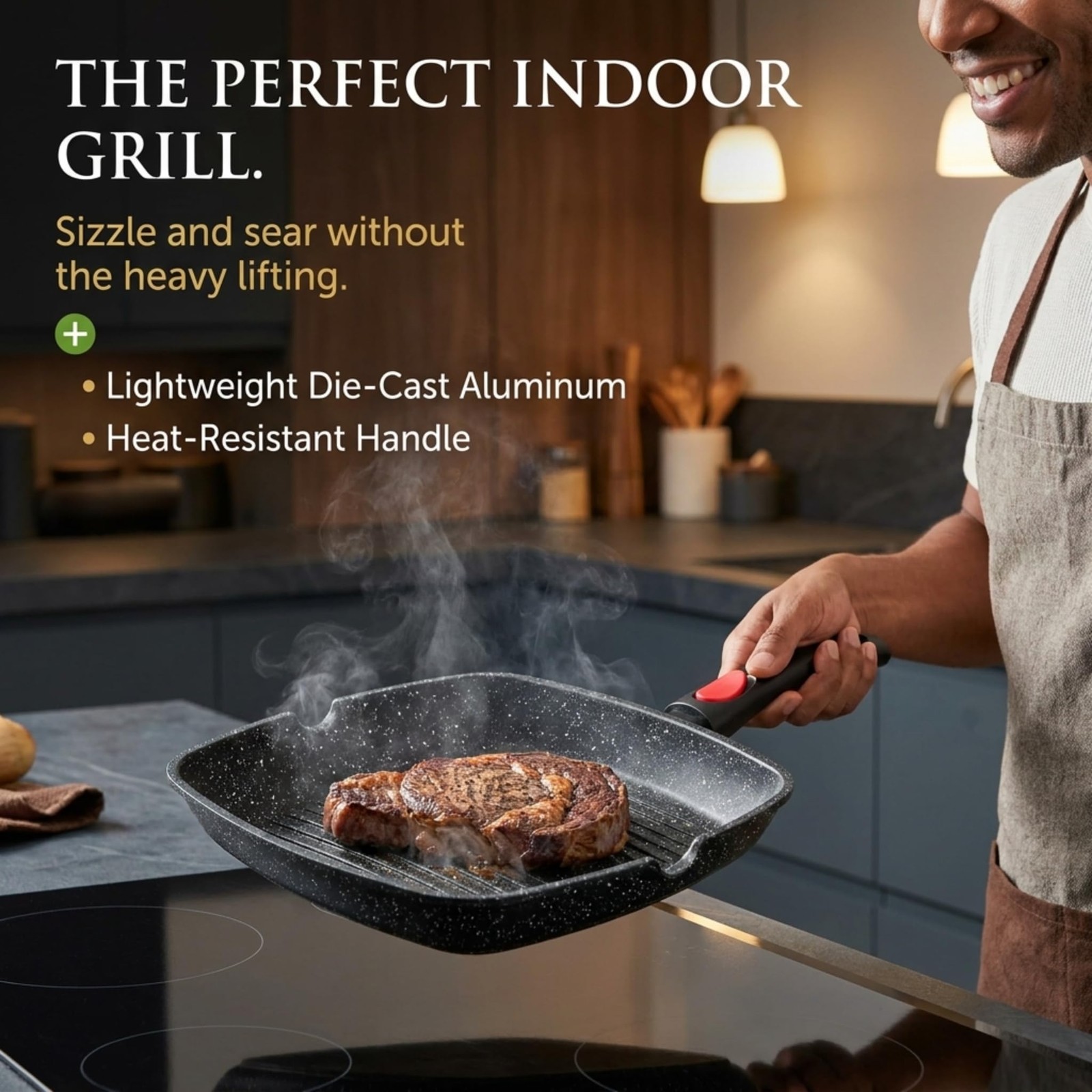 Square Nonstick Indoor Grill Pan Removable Handle Aluminum Griddle Skillet