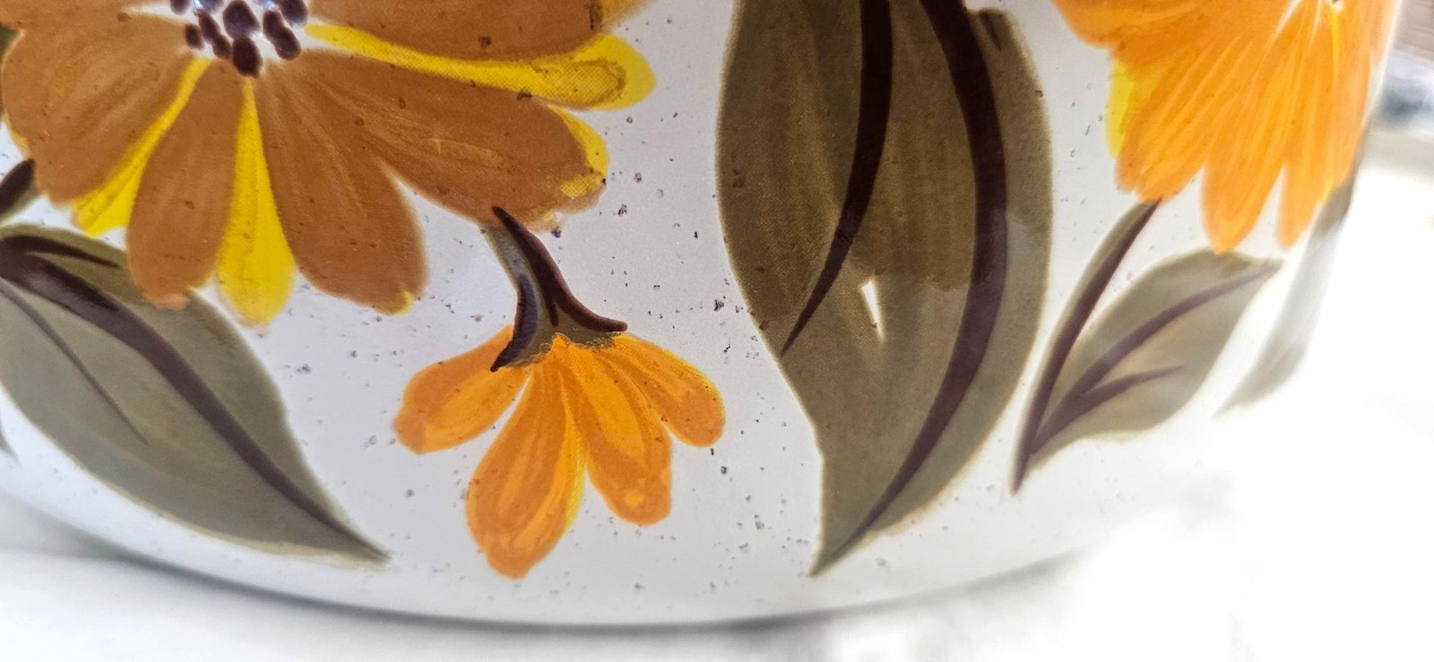Vintage 70″s MJP Capri Enamelware Pot Orange Daisy Floral MCM Spain No Lid