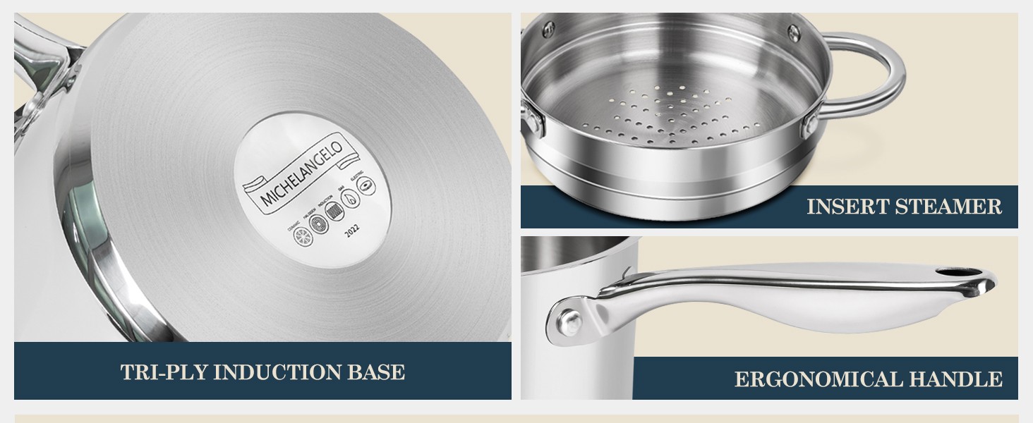 3 Quart Saucepan with Lid & Steamer, Stainless Steel Sauce Pan with Triply