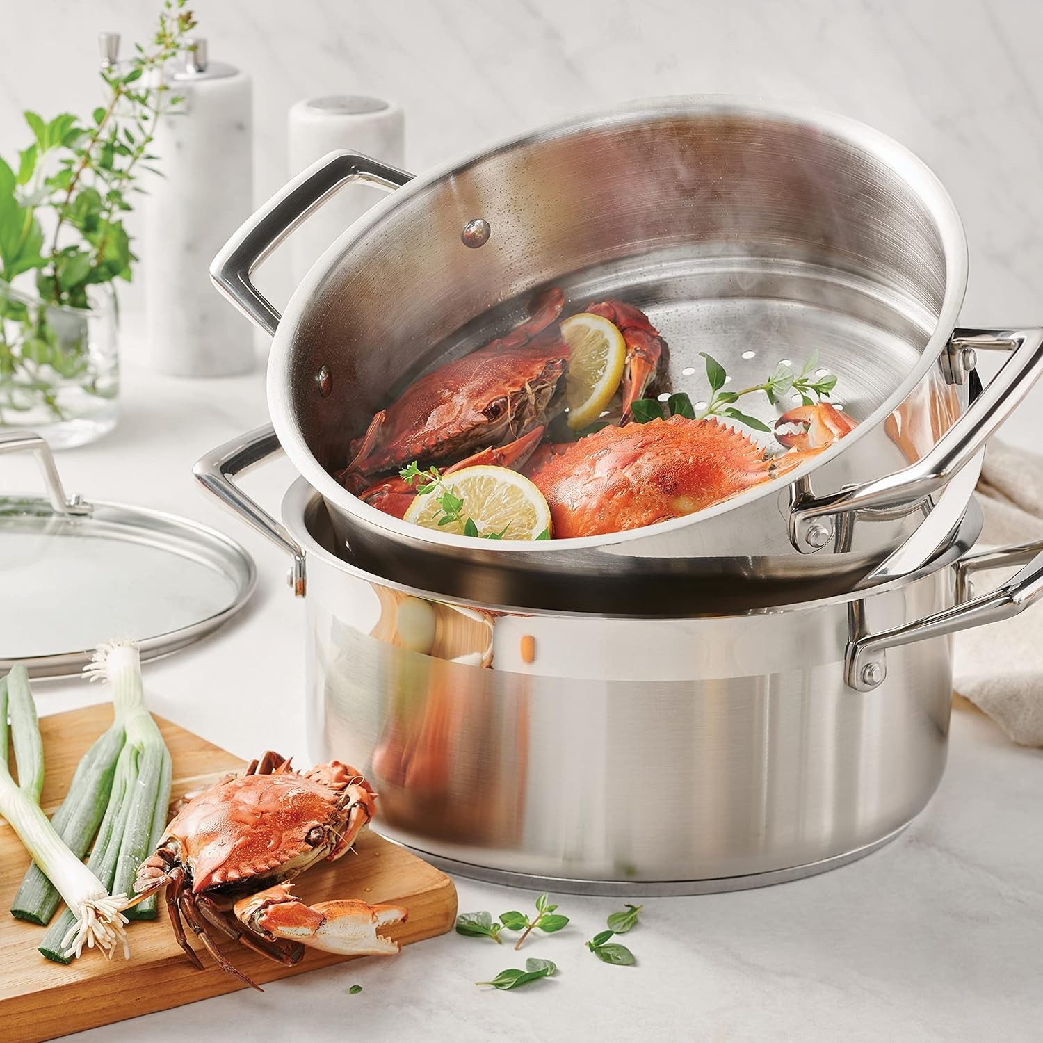 5-quart stainless steel steamer set dutch oven with steamer insert glass lid
