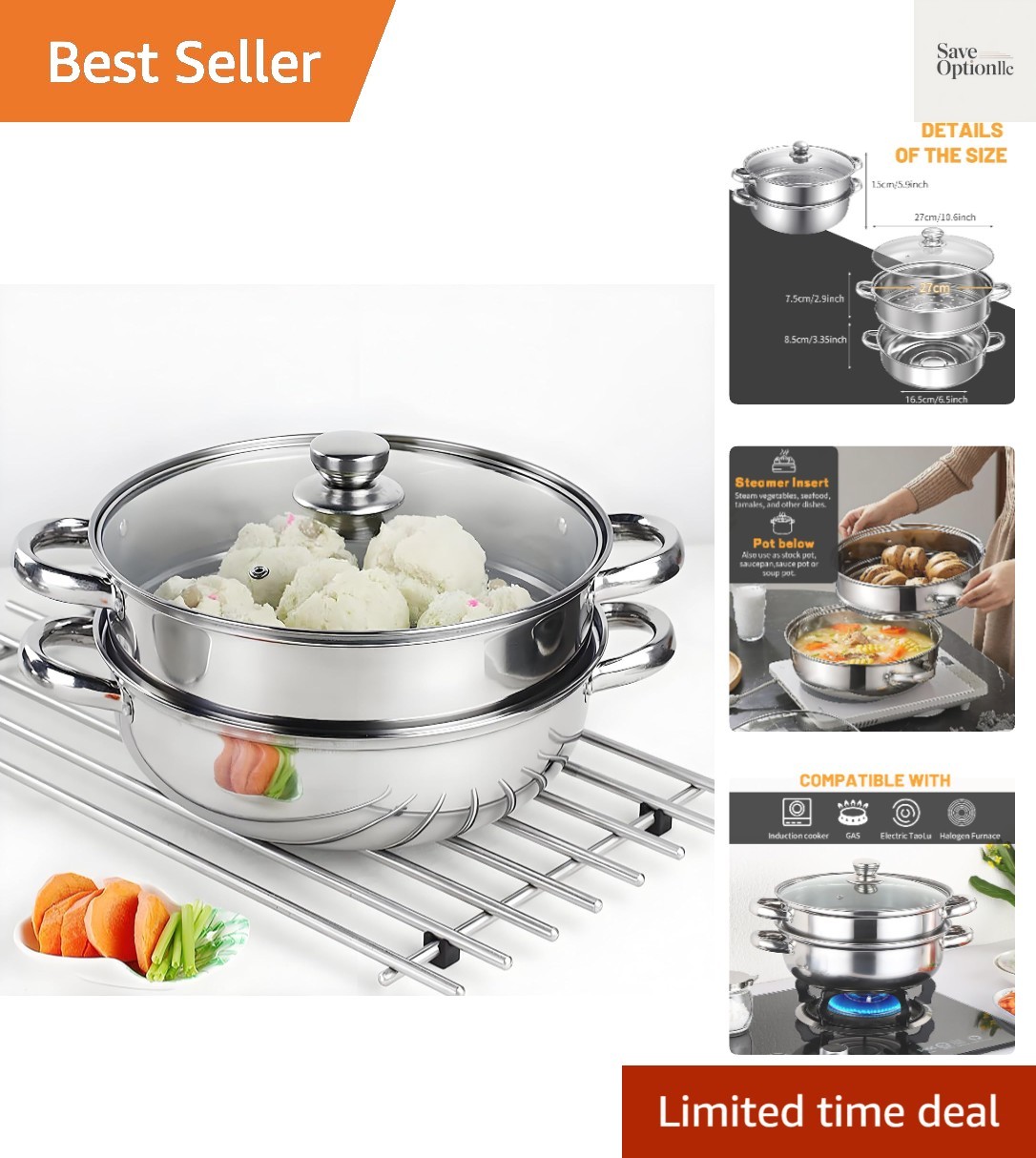 2-Tier 28cm 304 Stainless Steel Steamer Pot with Glass Lid,for Dumplings, Sea…