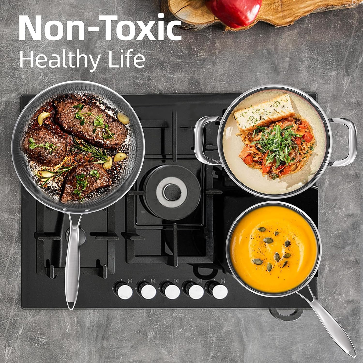 Non-Toxic Frying Pans Set of 3 (8+10+12 Inch), Tri Ply Stainless Steel Pans, Ind