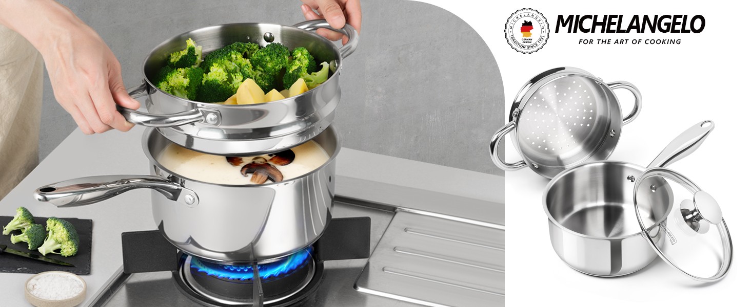 1.5 Quart Saucepan with Steamer, Stainless Steel Saucepan with Lid, Triply