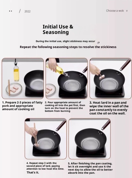 32/34/36CM Wooden Handle Iron Wok Non-Stick Stir Fry Pans Gas Stove Induction AU