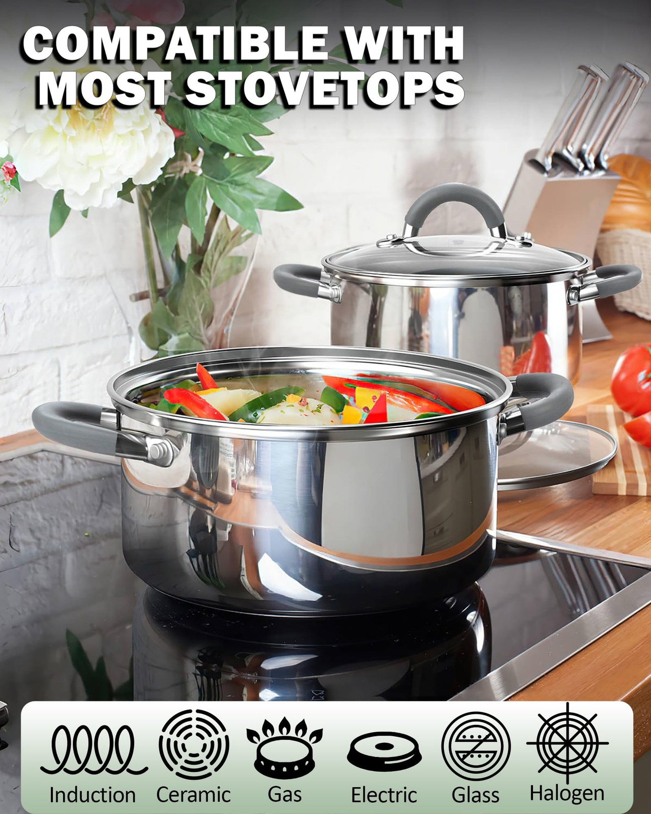 Cook N Home Basics Stainless Steel Cookware 12 Pieces, Gray Silicone Handle