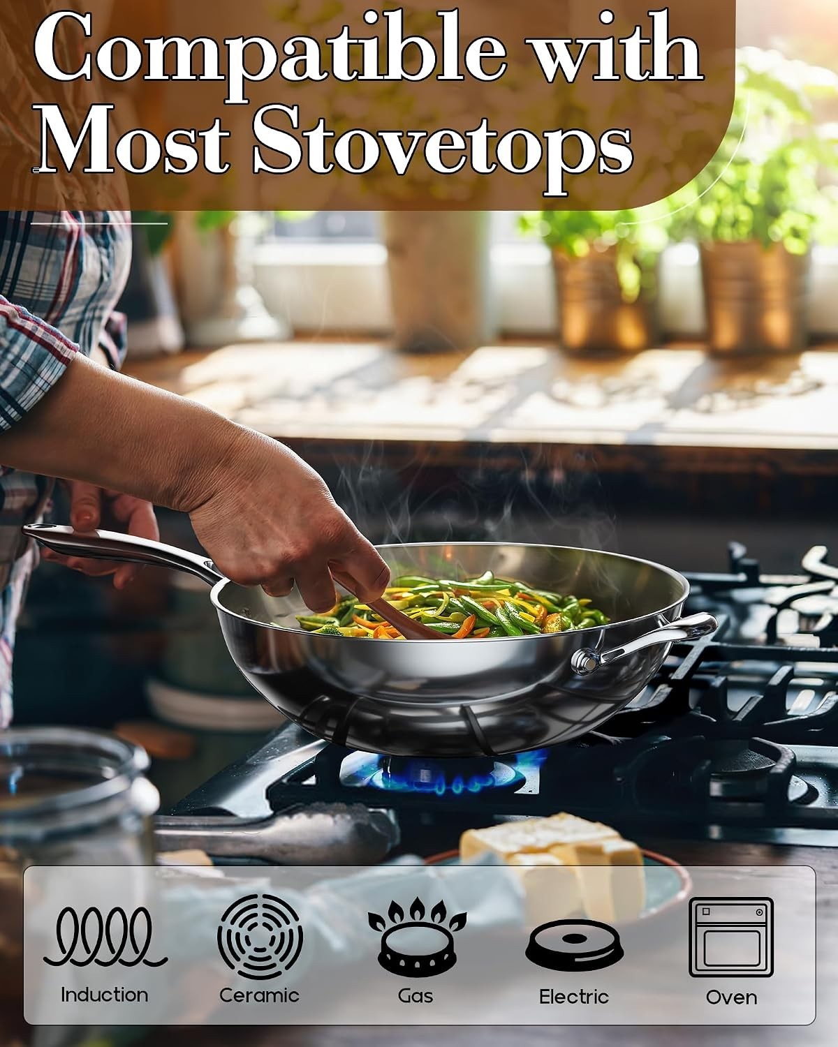 Multi-Ply Clad 12 Inch Stainless Steel Wok Pan, Stir Fry Pan with Glass Lid, …