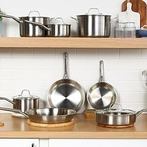 Classic Stainless Steel Cookware Set, 10-Piece, Impact-Bonded Aluminum Base,