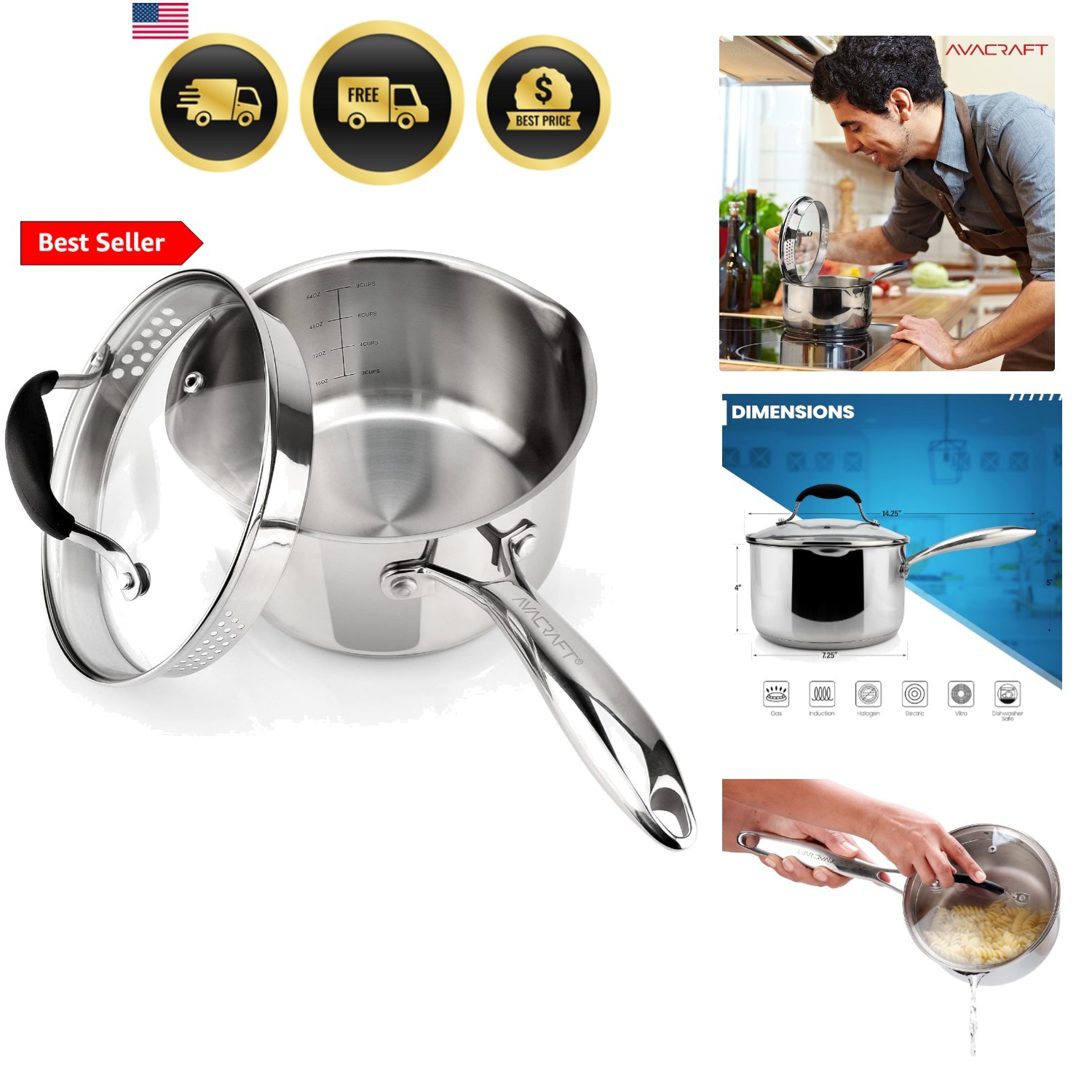 Stainless Steel Saucepan with Glass Lid 2.5 Qt Strainer Spouts Easy Pour