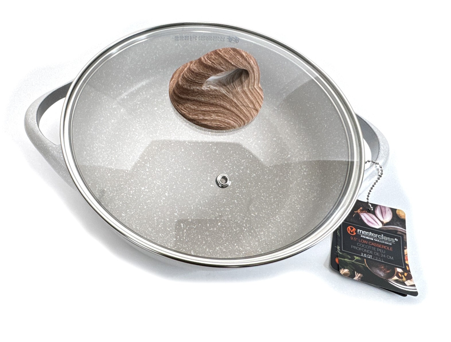 MasterClass 2.6qt Low Casserole 9.5″ Non-Stick Aluminum w/Dual Handles+Glass Lid