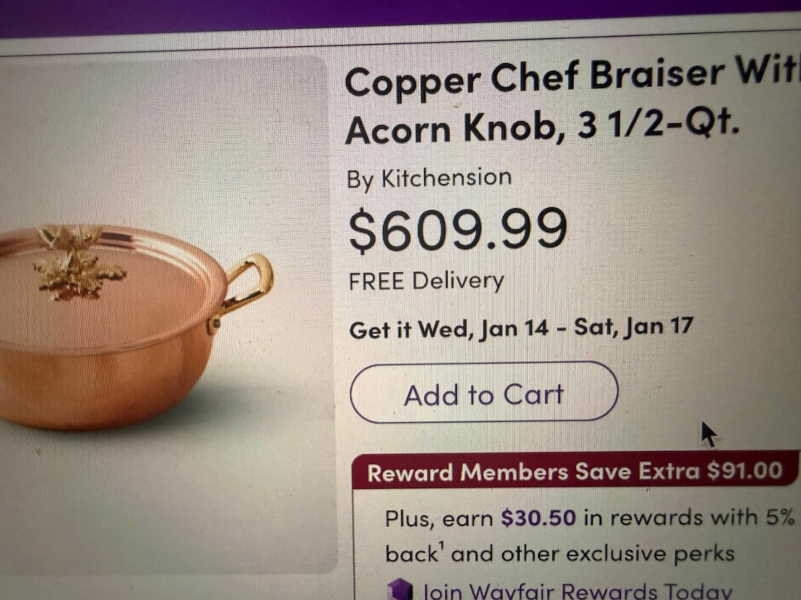 Ruffoni Copper Pot Historia Hammered Chef Braiser Acorn Knob, 24cm W/ LID 3.5QT