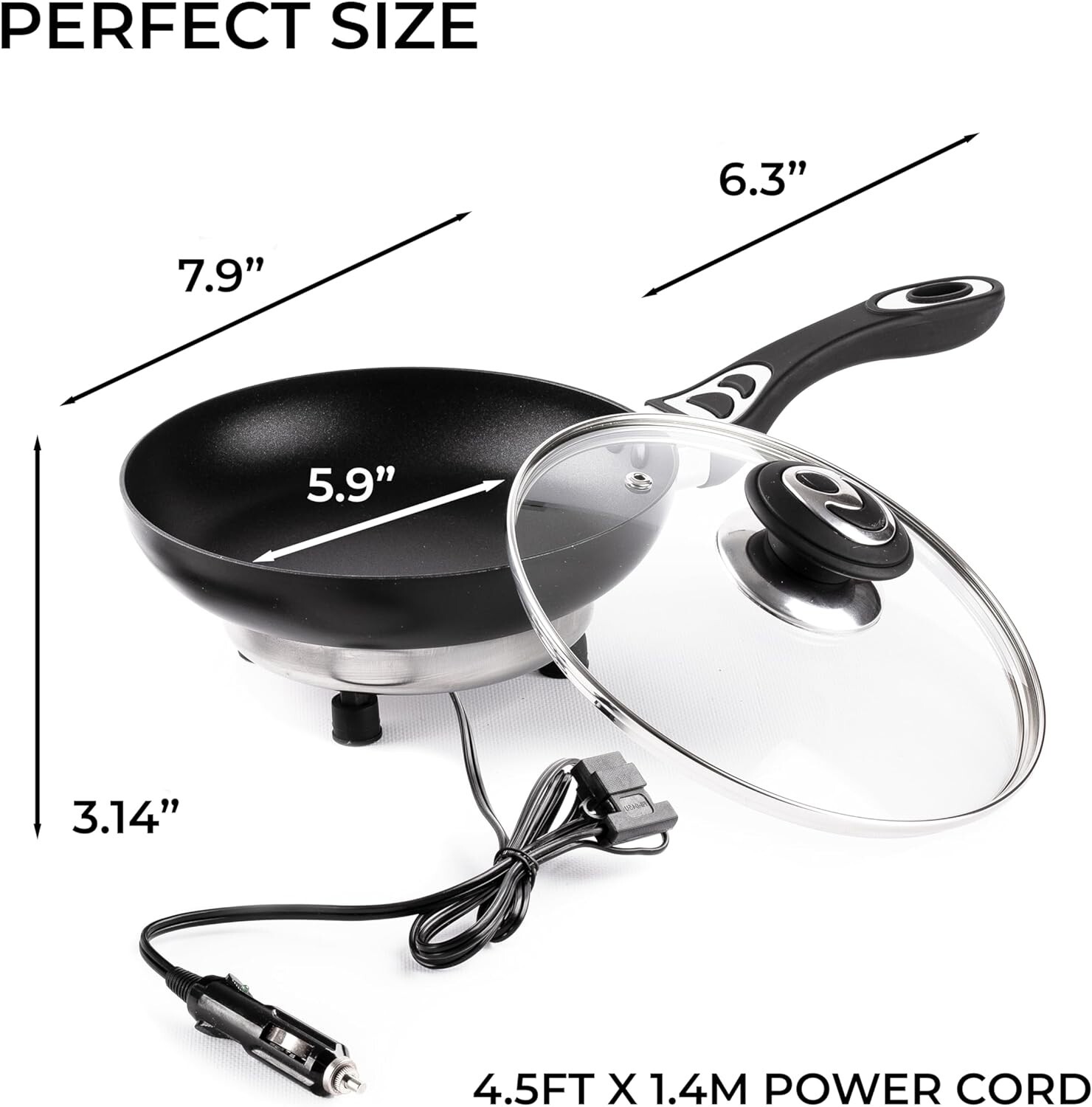 Zone Tech 12Volt Frying Pan With Glass Lid 7.5″ Portable Non-Stick Travel Pot