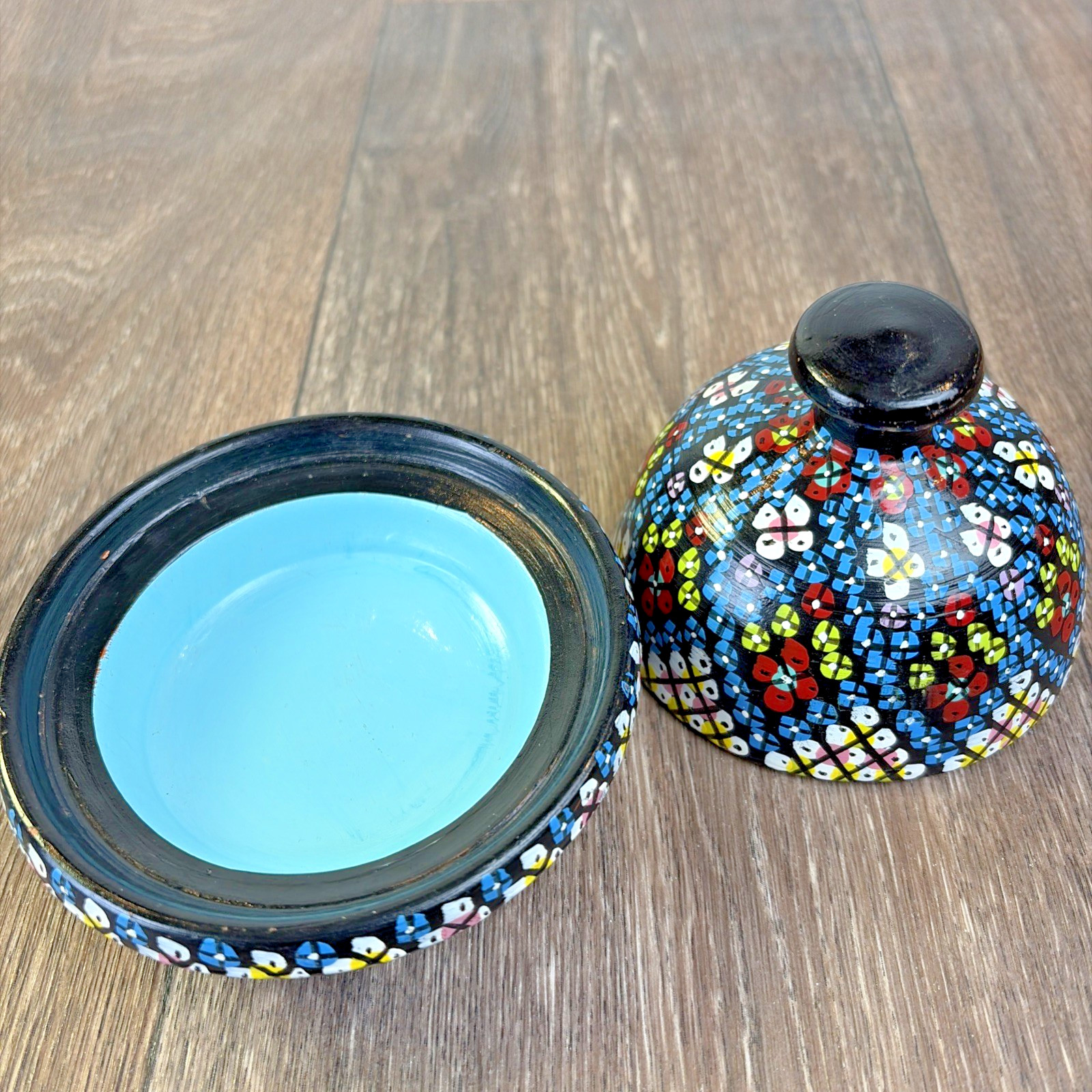 Hand Painted Moroccan Terracotta Clay Pottery Tagine Dish 4″ Signed Trinket