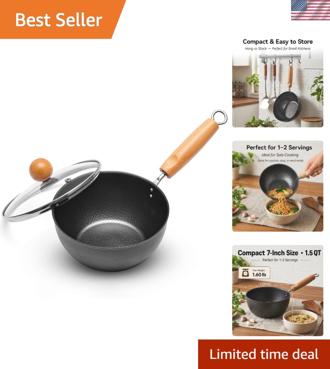 Compact 1.5QT Flat Bottom Wok with Lid | Induction Ready Carbon Steel Pan