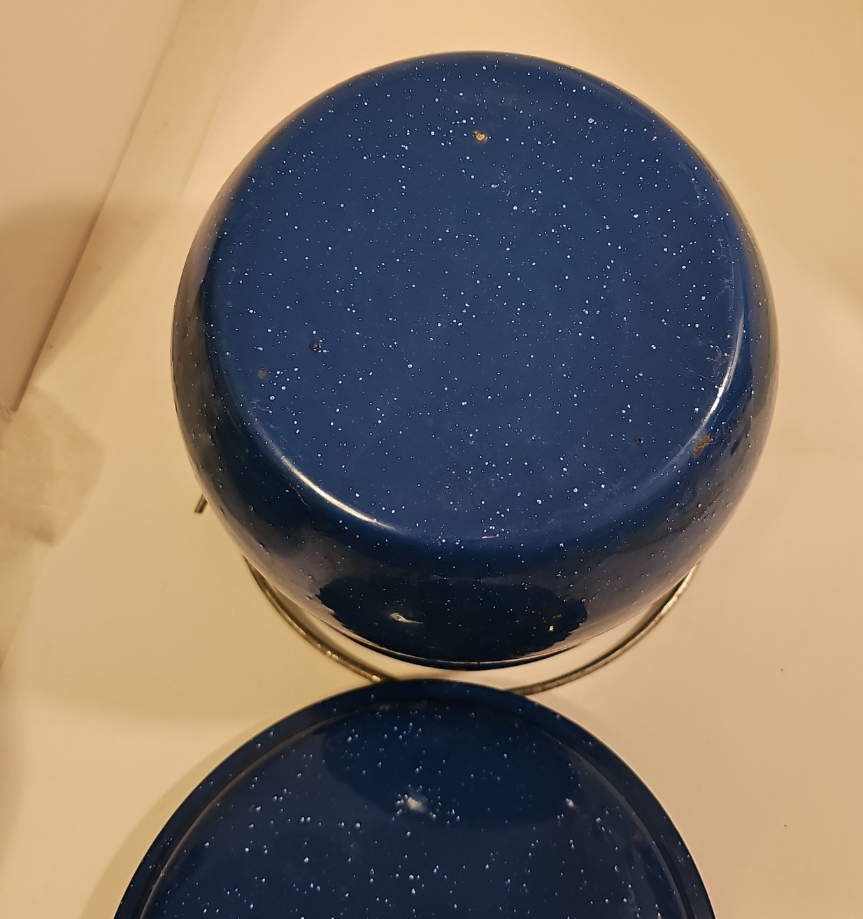 Enamelware Covered Stock Graniteware Handle Blue with White Speckles 6.5” Tall