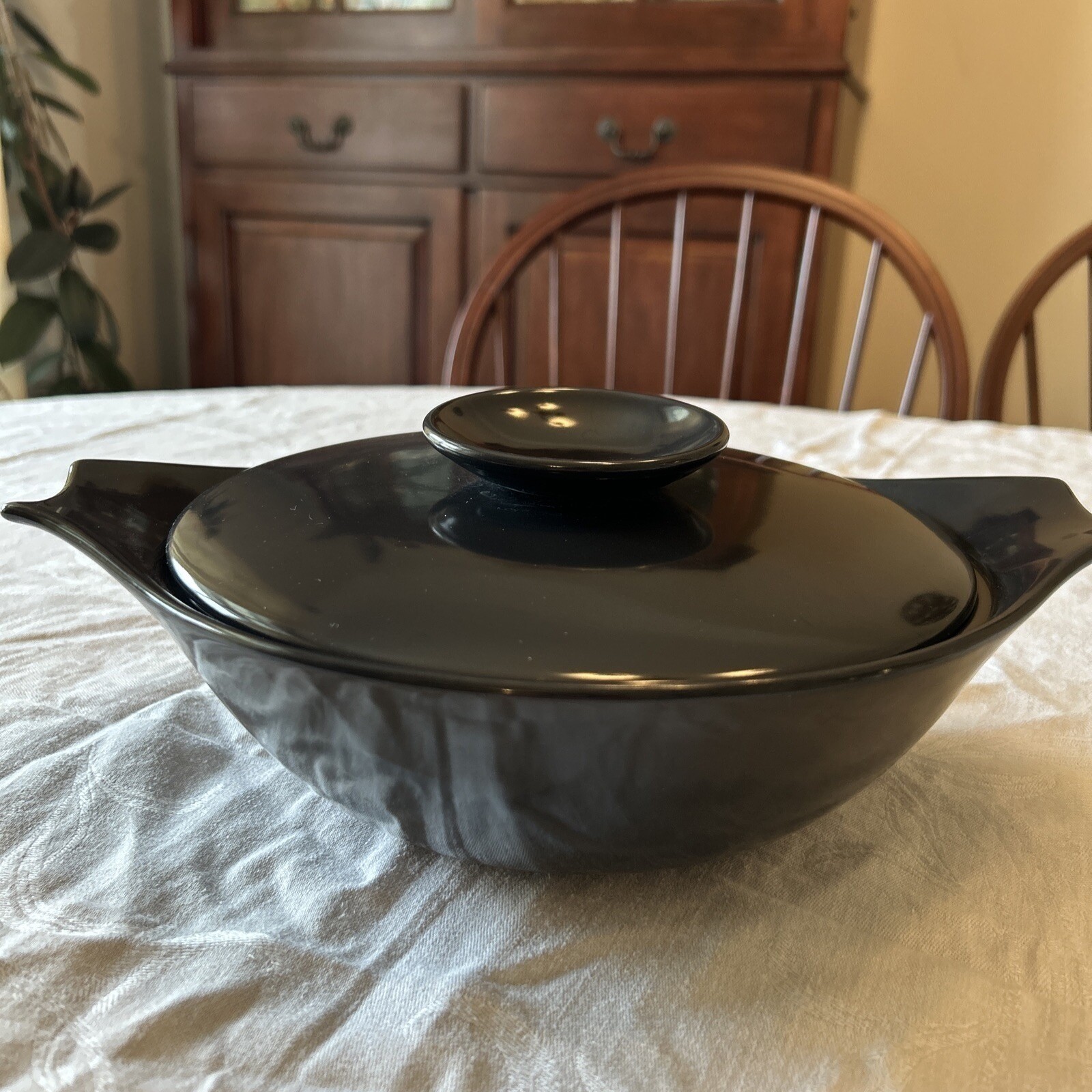 Monterey Pottery Casserole Dish OS Black Lidded Side Handles Retro Kitchen