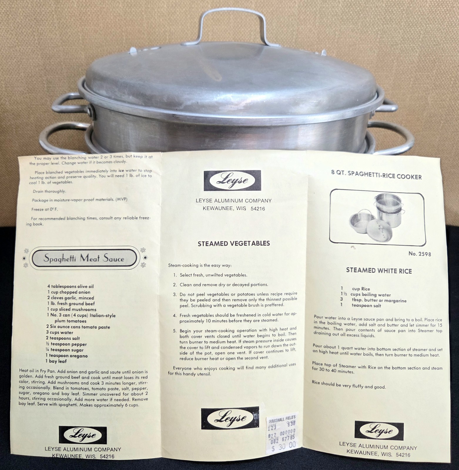 Vintage Leyse Aluminum 8 Qt. Stock Pot Cooker Steamer Insert Lid W/ Pamphlet USA