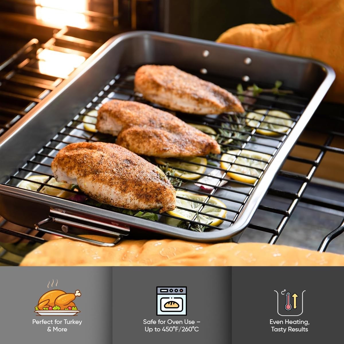 Roasting Pan 11 Inch X 15.5 Nonstick Heavy Duty with Rack – Perfect for Turkey