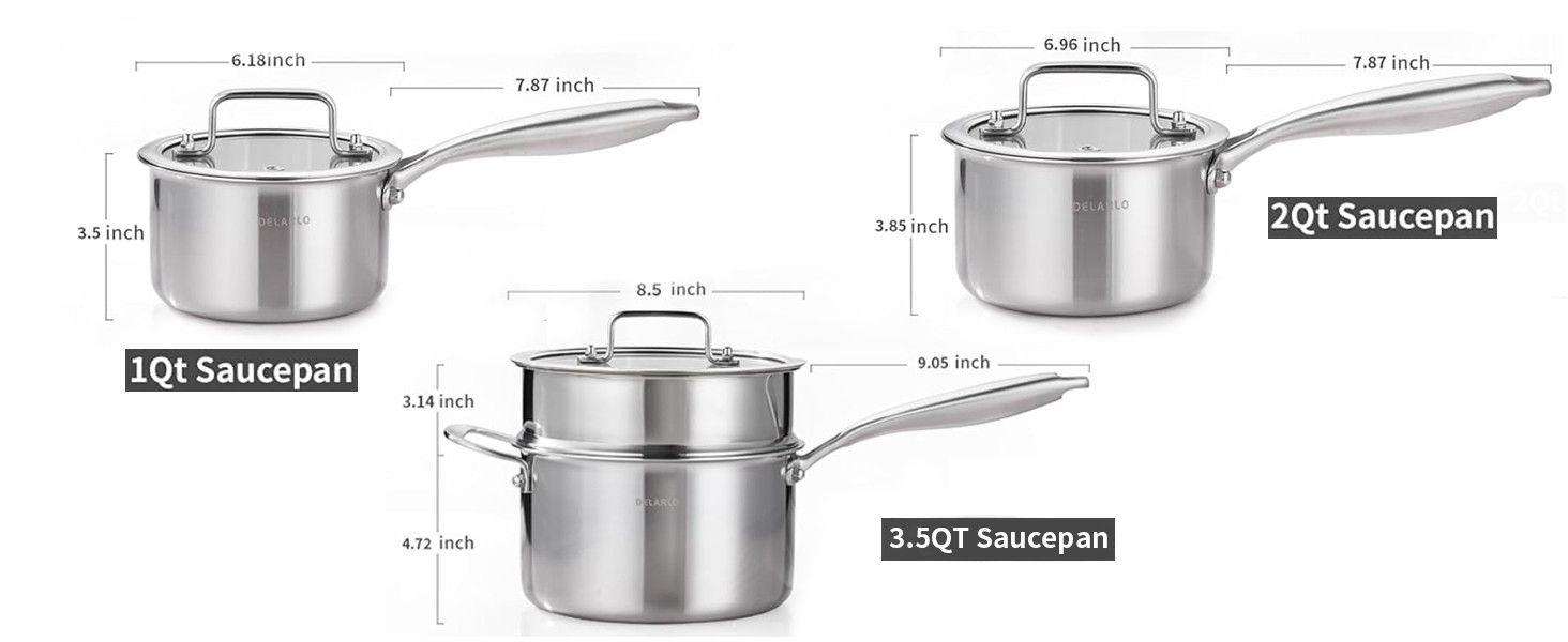 Kitchen Pot Set, Tri-Ply Stainless Steel Saucepan Set, 1.0QT 2QT 3.5QT, Cooking