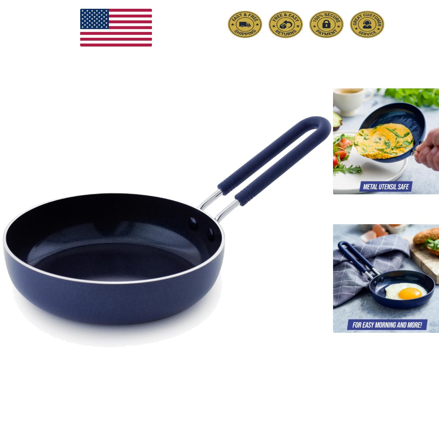 Compact Diamond Nonstick Frying Pan, 0.5 Cup Capacity, Dishwasher Safe, Blue