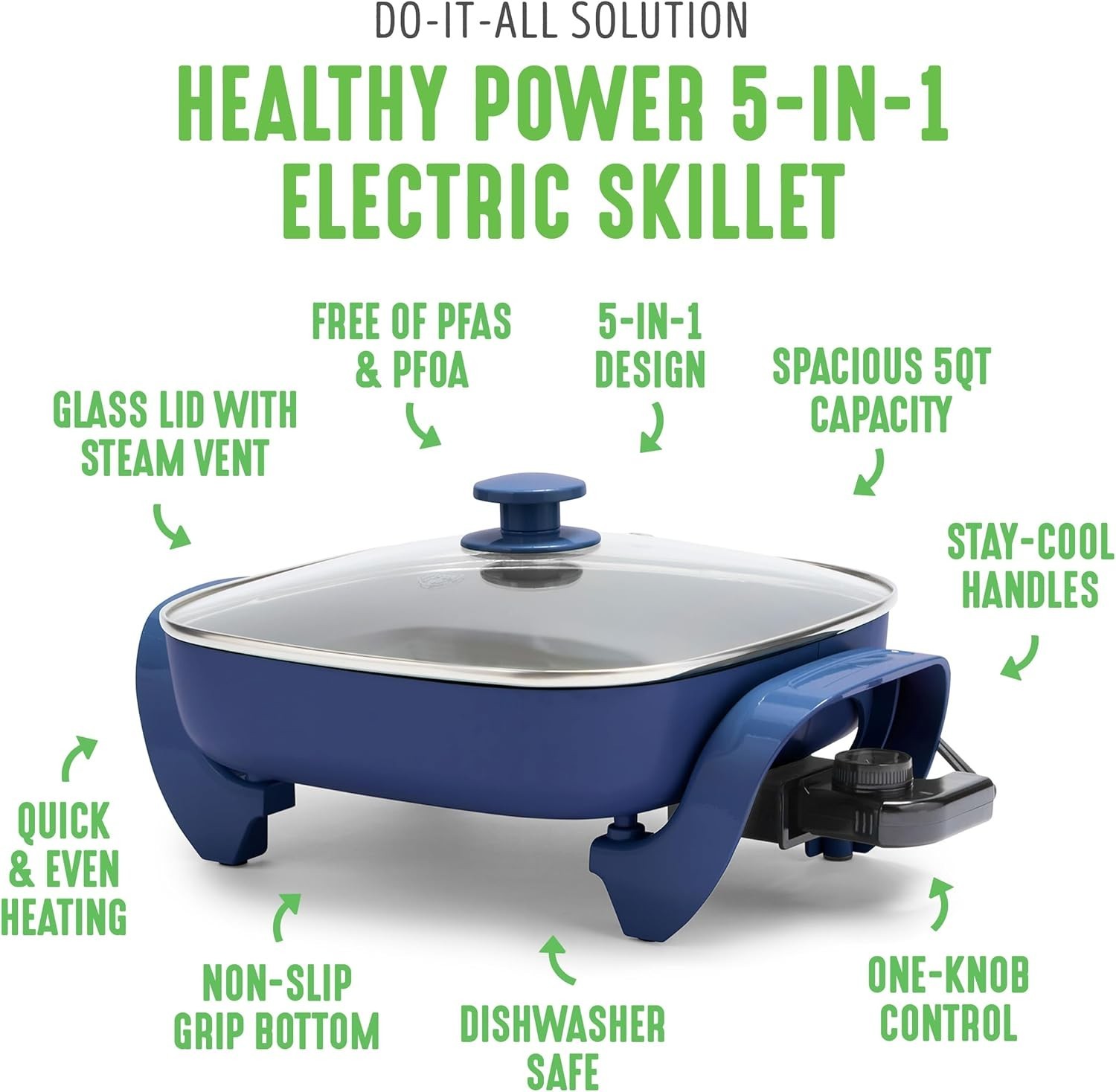 12″ 5QT Square Electric Skillet, Glass Vented Lid, Ceramic PFAS-Free Nonstick…