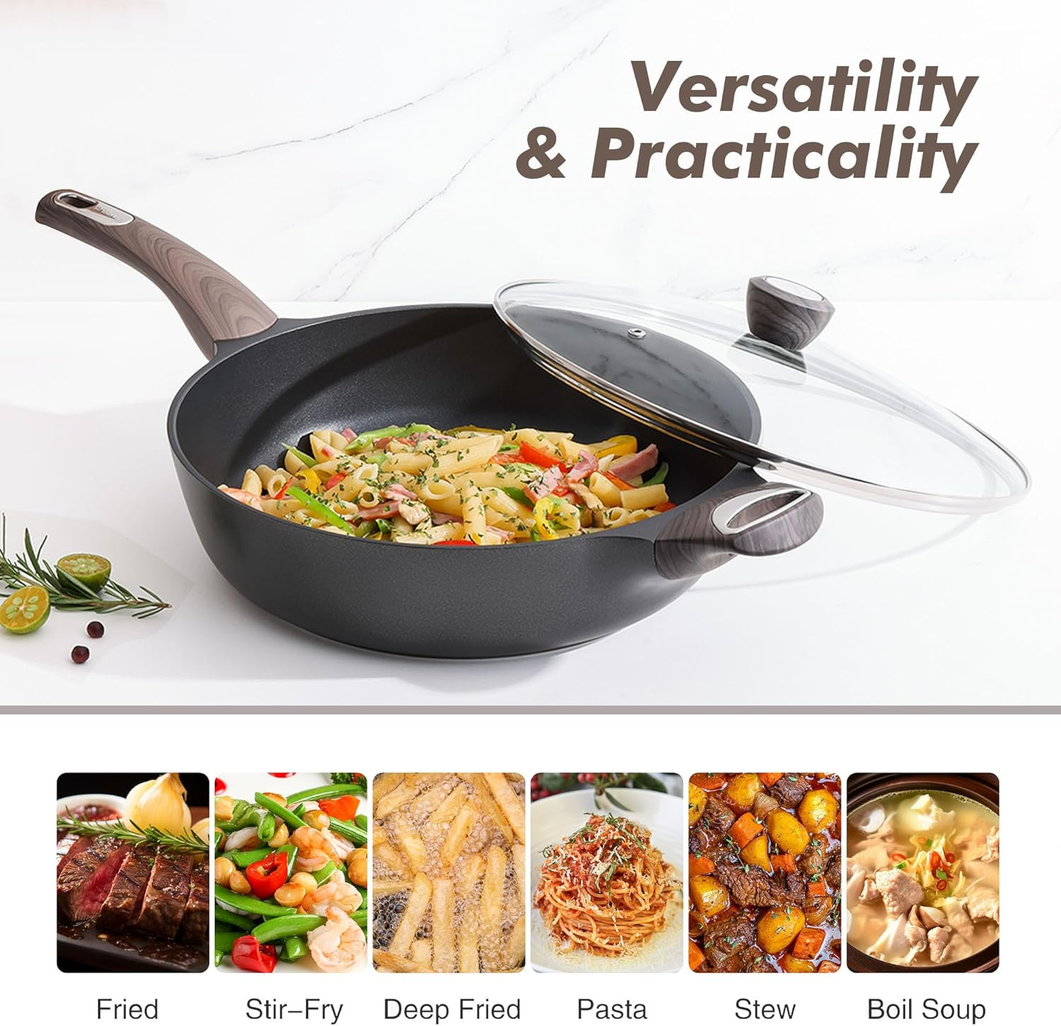 Nonstick Frying Pan Skillet with Lid, 12 Inch Large Deep Frying Pan, 5 Qt Non St