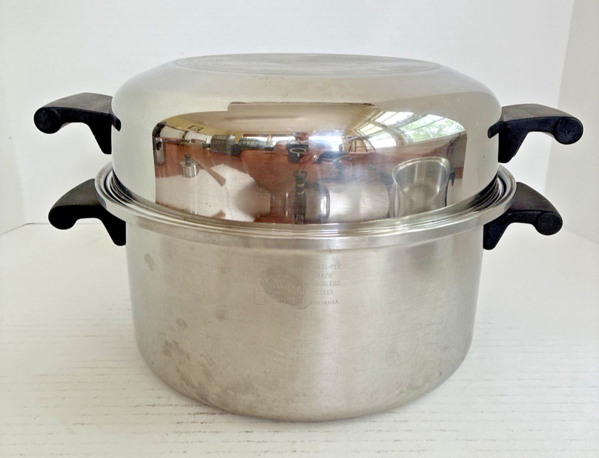 5 PC Amway QUEEN 18 8 SS Multi Ply 6qt Stock Pot Dome 11″ Fry Pan Lid Egg Insert