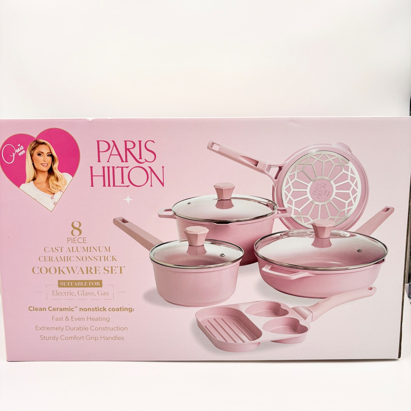 Paris Hilton 8 Piece Cast Aluminum Ceramic Nonstick Cookware Set Lush Blush Pink