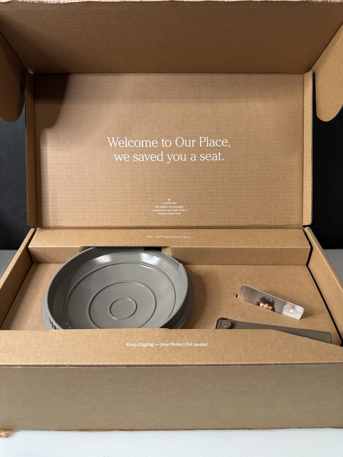 Our Place Mini Perfect Pot 2.5 Qt w/Beechwood Spoon, Dark Taupe, NEW!