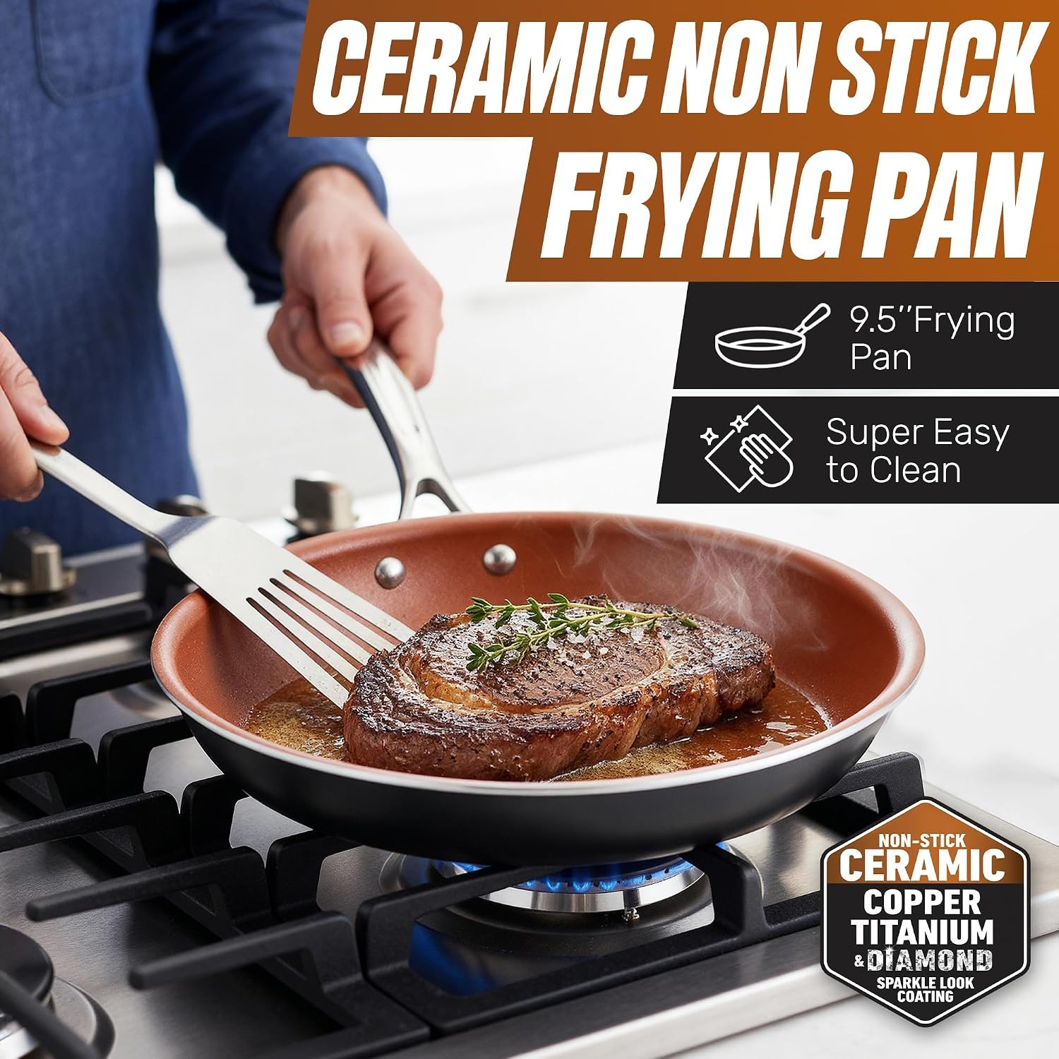 9.5 Inch Copper Non Stick Frying Pan Ceramic Skillet PFOA PFOS Free Oven Safe