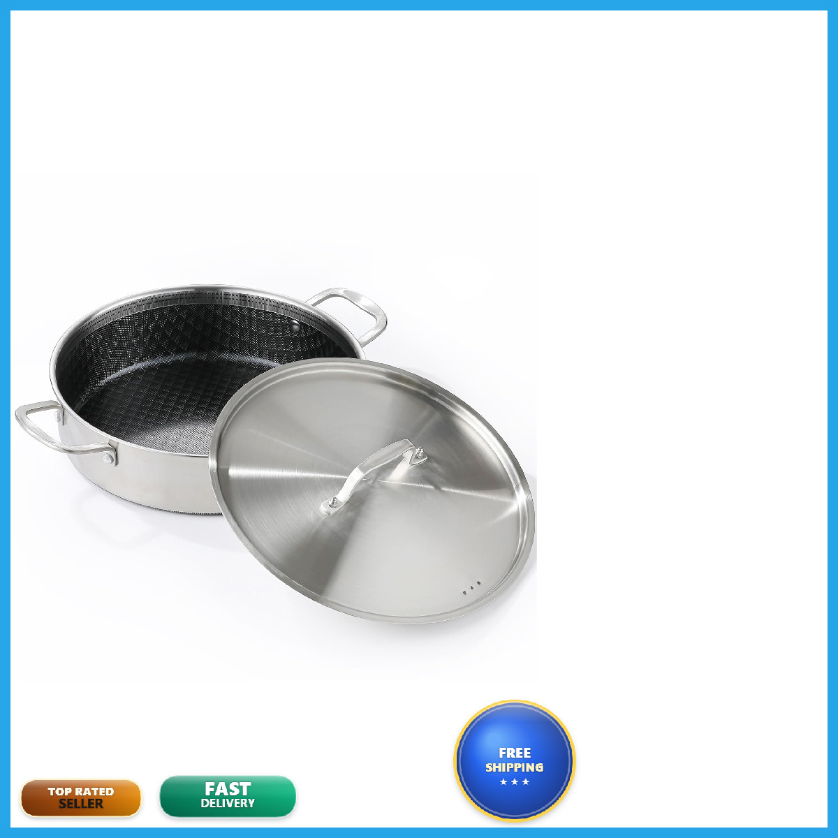 Delarlo 8 Quart Tri-Ply Stainless Steel Non Stick Braiser Pan Lid 13 Inch Deep