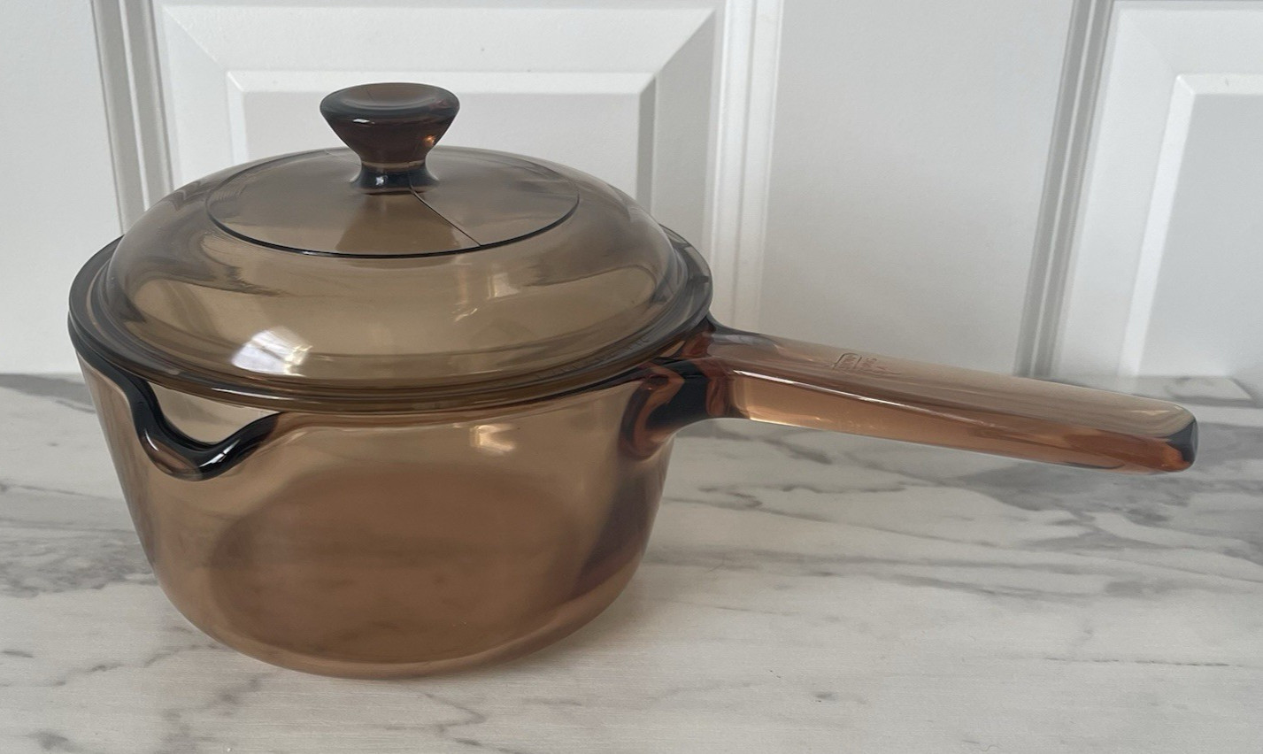 Vintage Pyrex Corning Vision Ware Amber 1L Glass Cooking Pot Spout Lid – USA