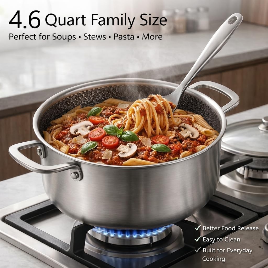 4.6 Qt Stainless Steel Stock Pot W/ Lid 3-Ply 18/10 Hybrid Honeycomb Nonstick
