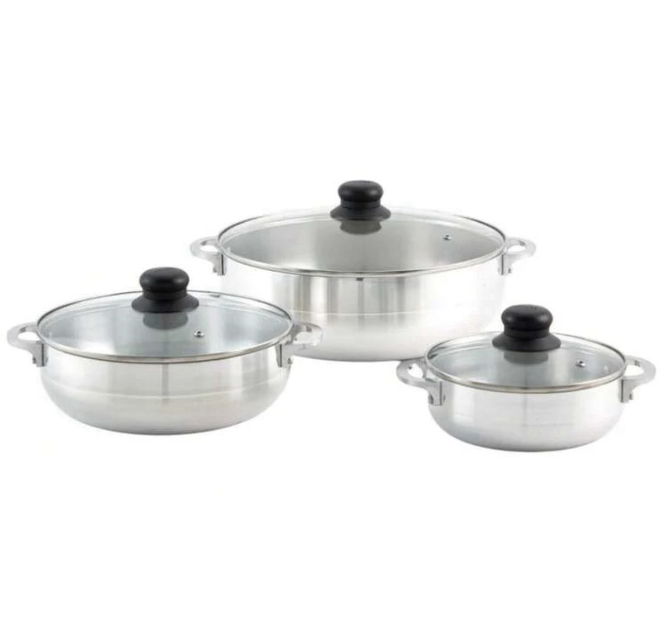 3-Piece Stainless Steel Casserole Pan Set with Glass Lids Round Gas