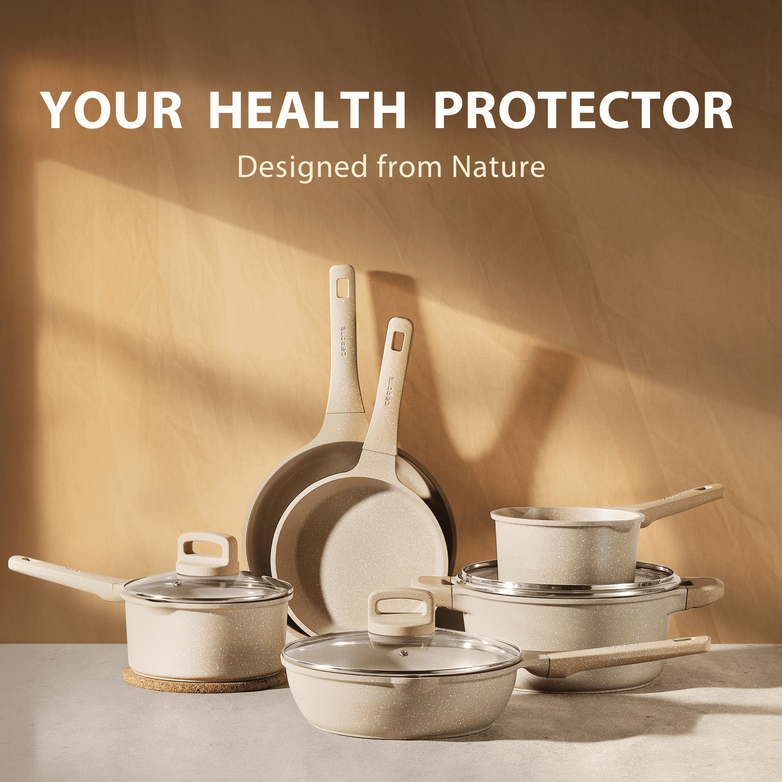 Carote 7-Piece Nonstick Cookware Complete Set, Induction Ready, Taupe Granite