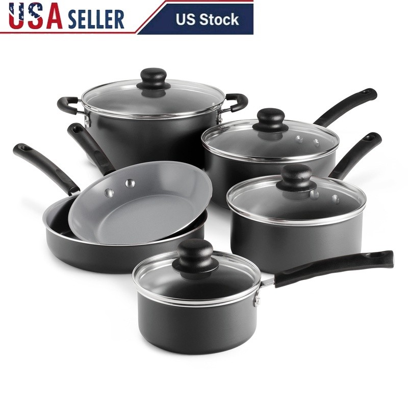 10 Piece Nonstick Ceramic Cookware Set W/ Stay Cool Handles & Glass Lids