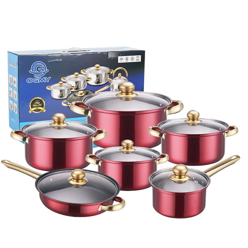 12 Piece Cookware Set Nonstick Pots and Pans Home Kitchen Cooking Non Stick, Red