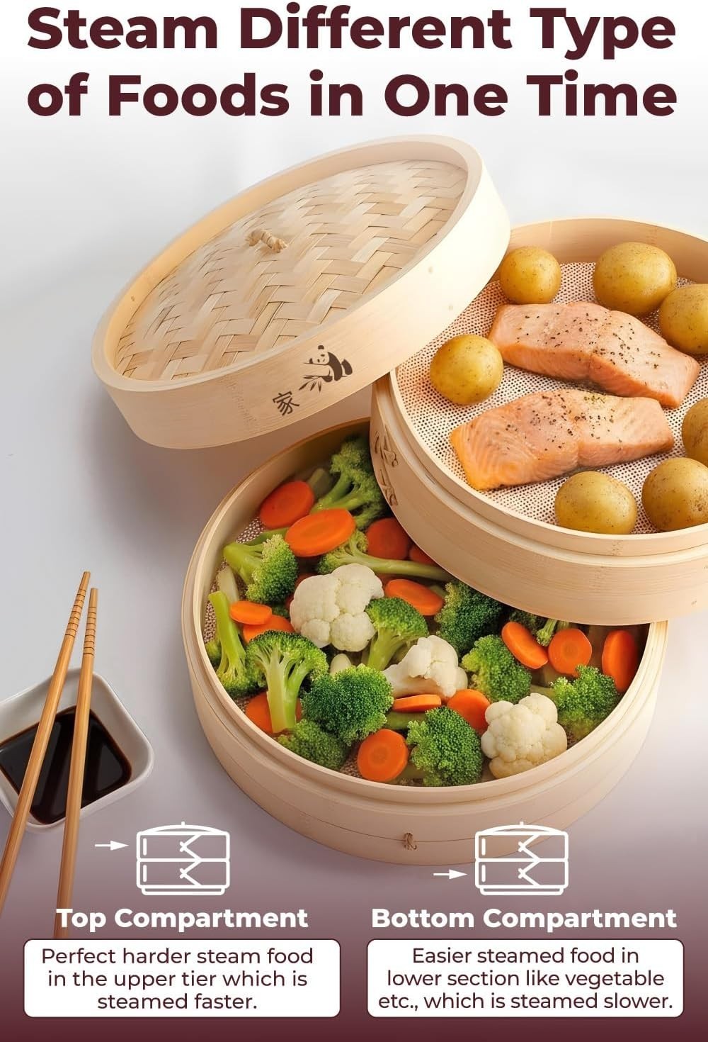 Authentic 2-Tier Bamboo Steamer with Lid for Cooking Rice and Asian Delicacies