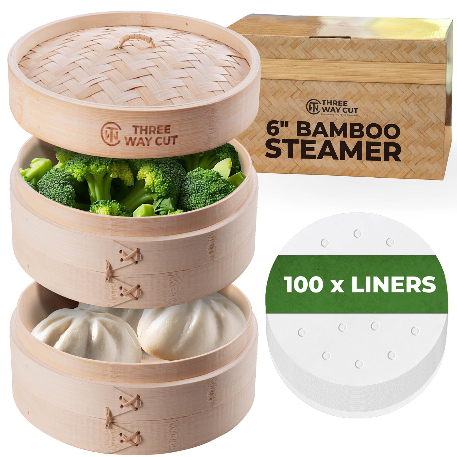 2-Tier 6″ Steamer With 100 Parchment Liners- 2 Steamer Basket + Lid & 100 Ste…