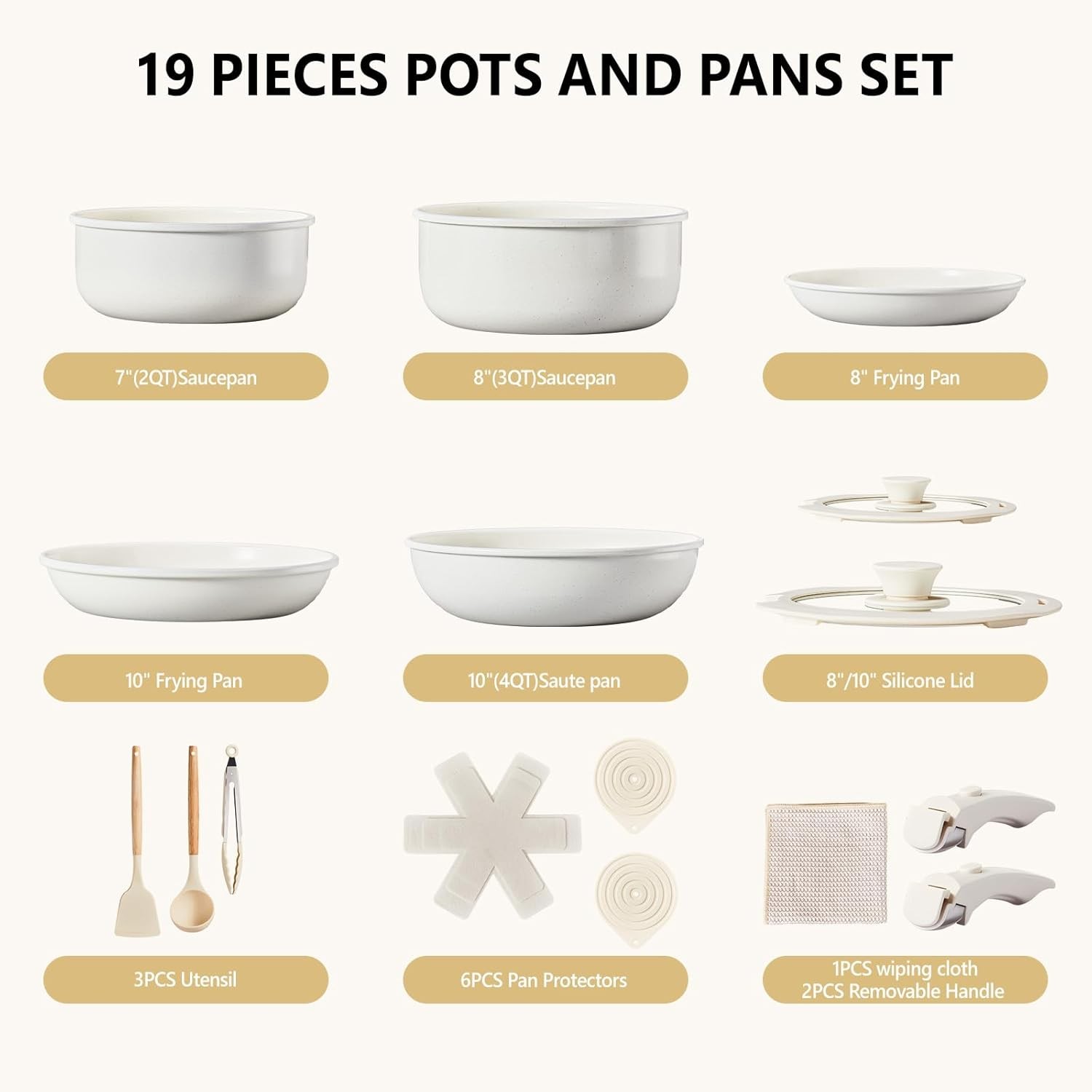 19 Pcs Nonstick Pots and Pans Set, Cast Aluminum Cookware with Detachable Handle