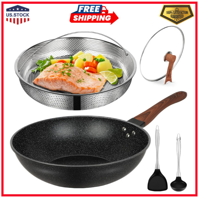 13” Nonstick Wok Woks & Stir-Fry Pans with Lid and Steamer Basket Spatula Ladle