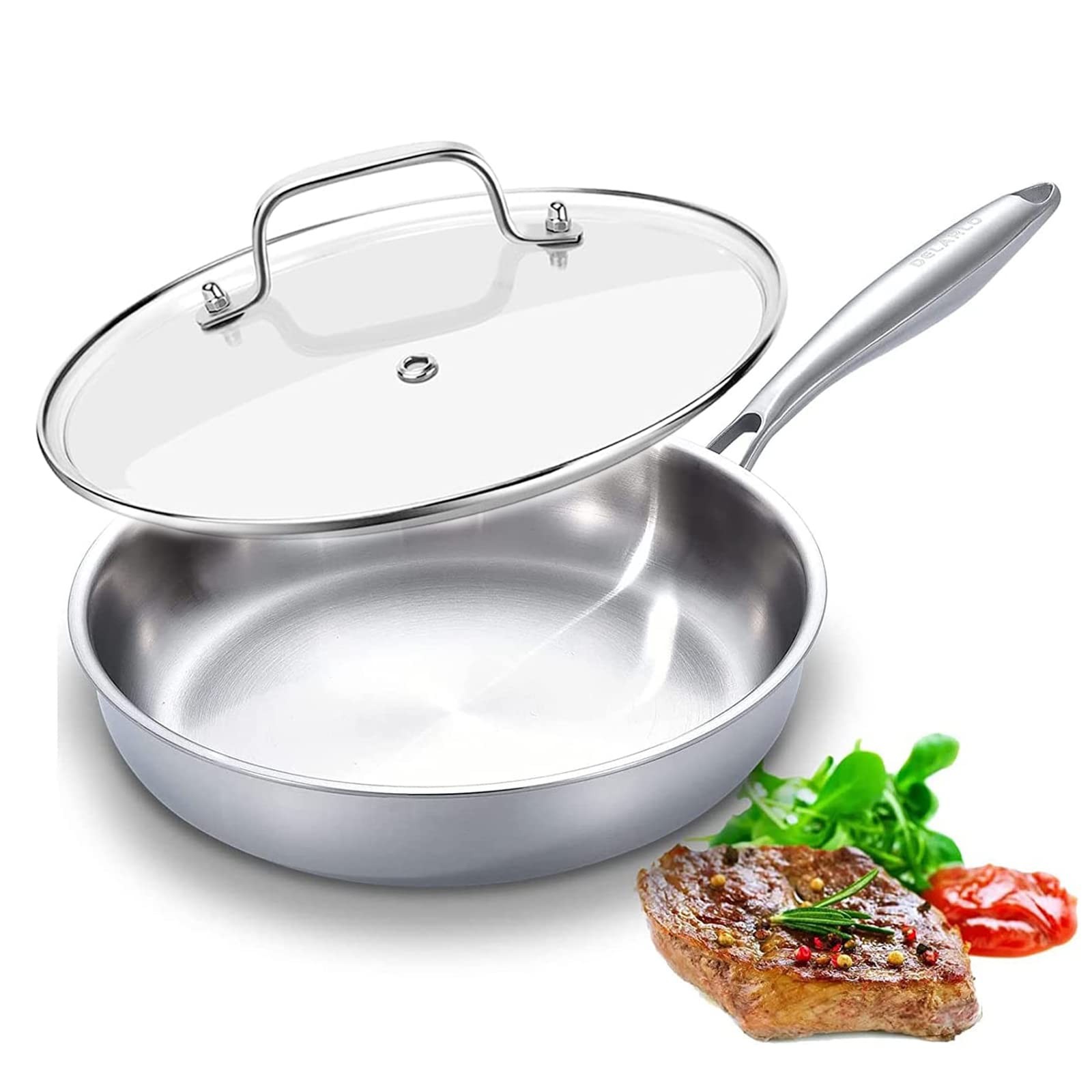 DELARLO Tri-Ply Stainless Steel Pan, 18/10 Frying Pan, Oven Safe Up to 600°F, No