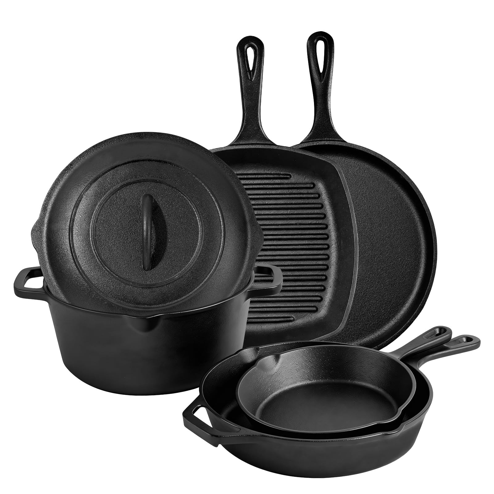Asderote 6 Piece Pre-Seasoned Cast Iron Cookware Set – Incl. 6 Piece, Black