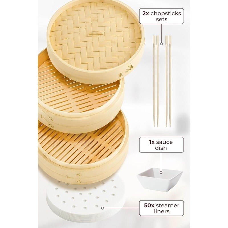 Bamboo Steamer Basket Set Organic Cooking Tool W/ Chopsticks & Liners New